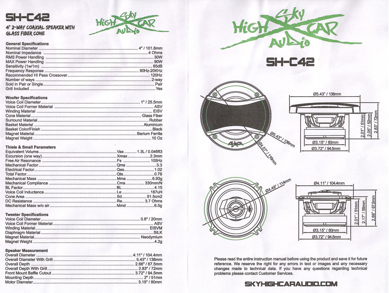 SHCA - C42 4" 2-way Coaxial Speakers (Pair) With Glass Fiber Cone and Pivoting Tweeter