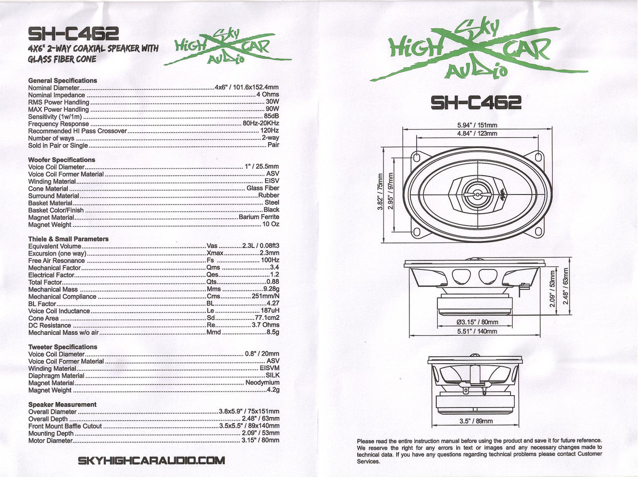 SHCA - C462 4x6" 2-way Coaxial Speakers (Pair) With Glass Fiber Cone and Pivoting Tweeter