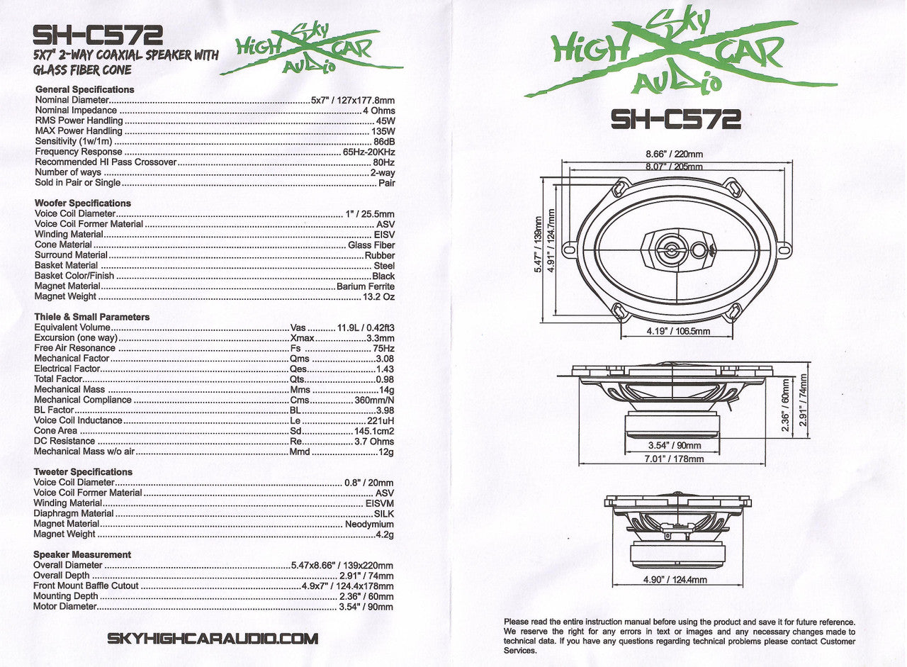 SHCA - C572 5x7" 2-way Coaxial Speakers (Pair) With Glass Fiber Cone