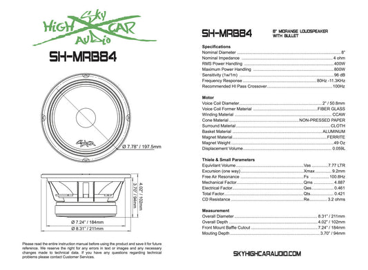 SHCA - MRB84 8" Midrange Speaker w/ Bullet 4 ohm (Single Speaker)