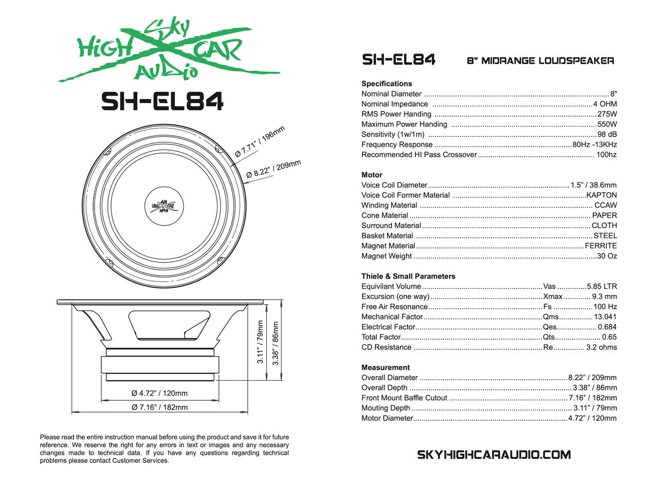 SHCA Pro Audio EL84 8" Midrange Midbass Speaker 275 Watts 4 ohm (Single)