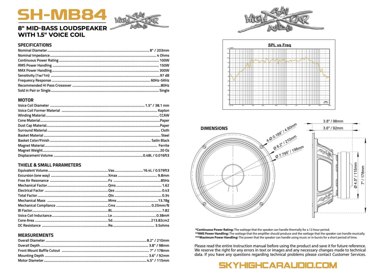 SHCA Pro Audio MB84 8" Mid-Bass Loudspeaker with 1.5" Voice Coil (Single)