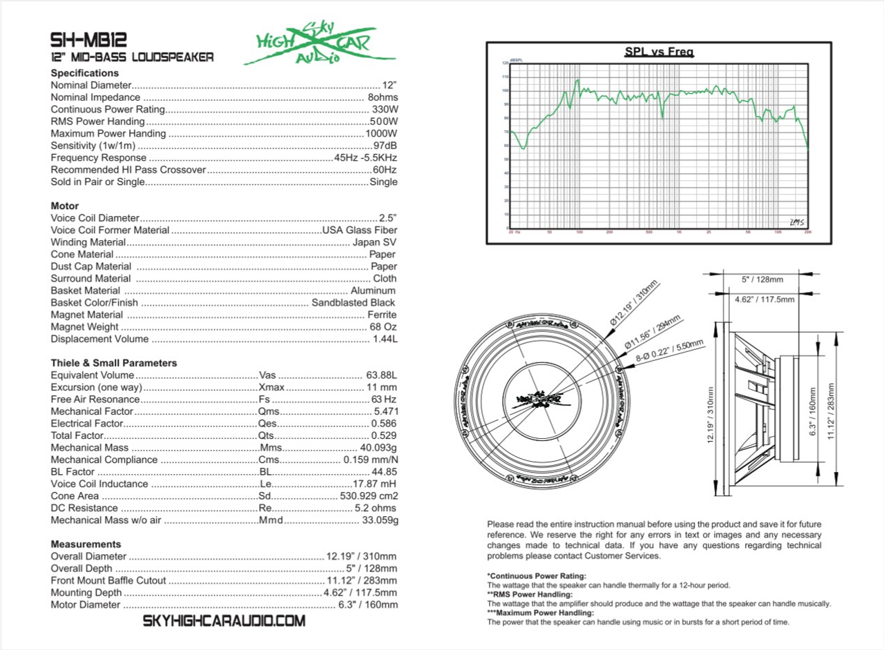 Sky High Car Audio SHCA Pro Audio MB12 – 12" Midbass Loudspeaker 1000 Watts 8 Ohm (Single) - Audio Sellerz